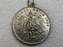 IMPERIAL GERMANY 2 MARK SILVER COIN WITH A LOOP FOR WEAR