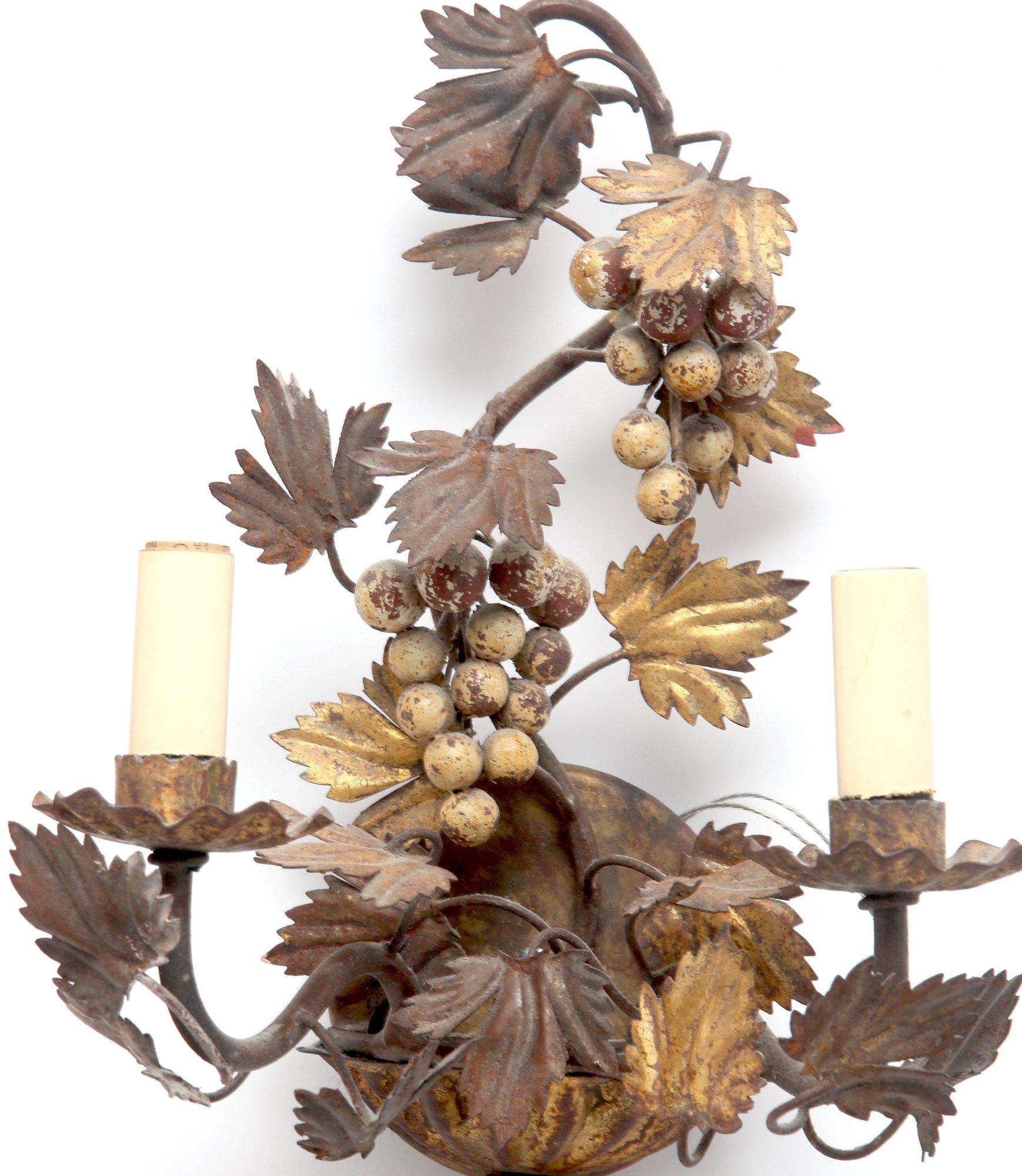 Polychrome Painted Tole Grape Candle Sconces - A Pair-