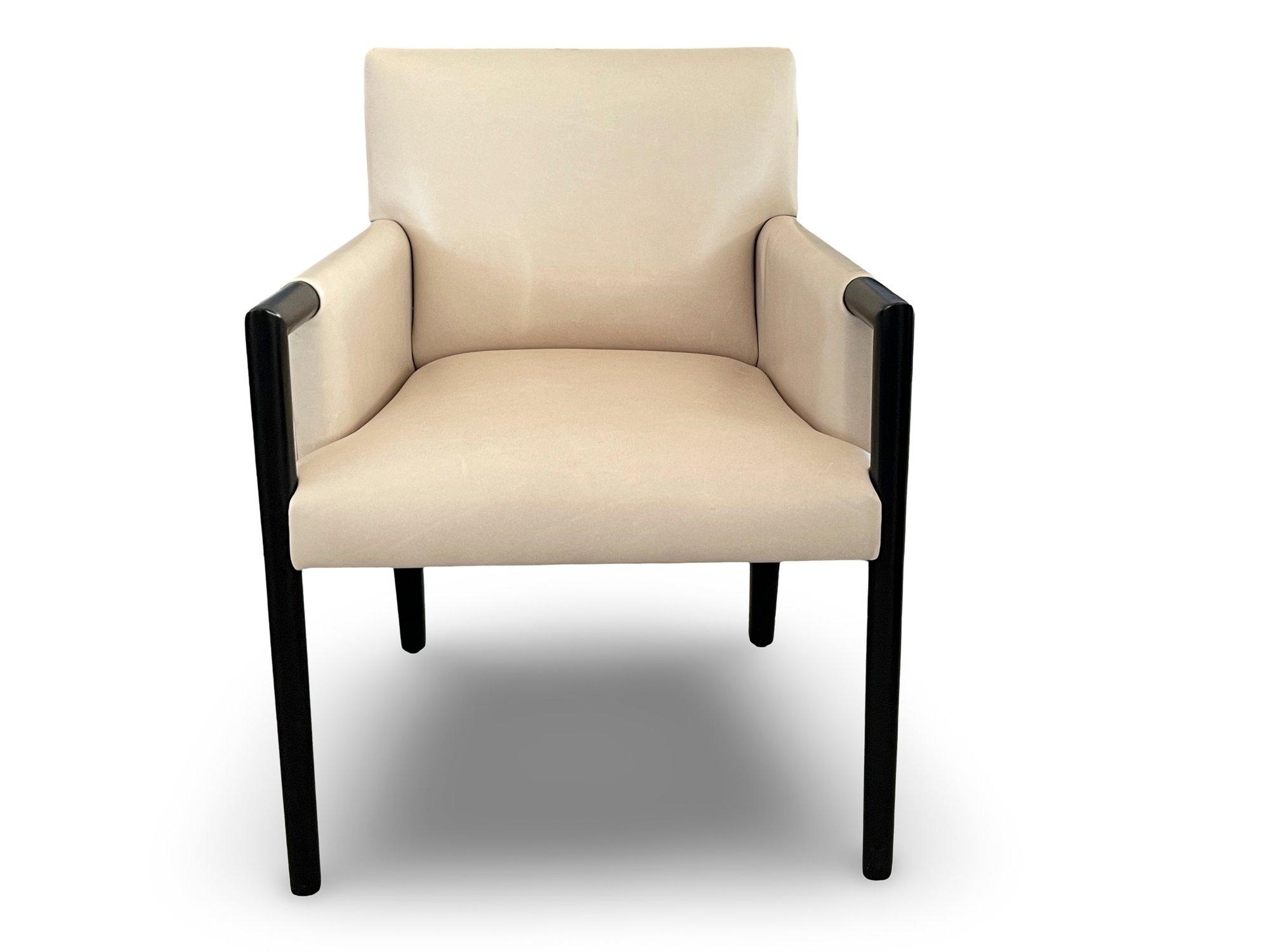 Holly Hunt Cream Leather Arm Chairs With Black Wood Frame