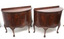 Antique Flamed Hardwood Claw  Ball Foot Demi Lune Sideboards- A Pair