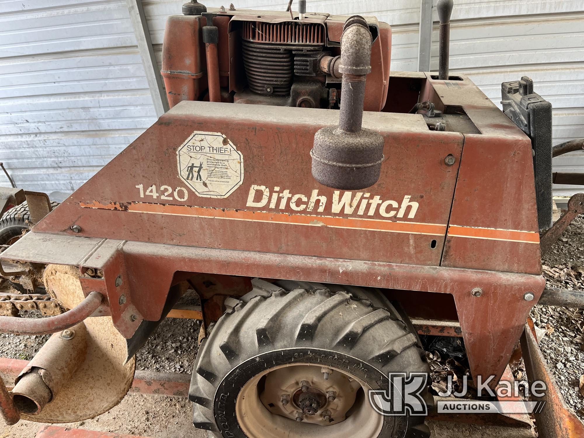 (Milan, TN) Ditch Witch 1420 Walk-Behind Rubber Tired Trencher, Approximately 30 years old Will Turn