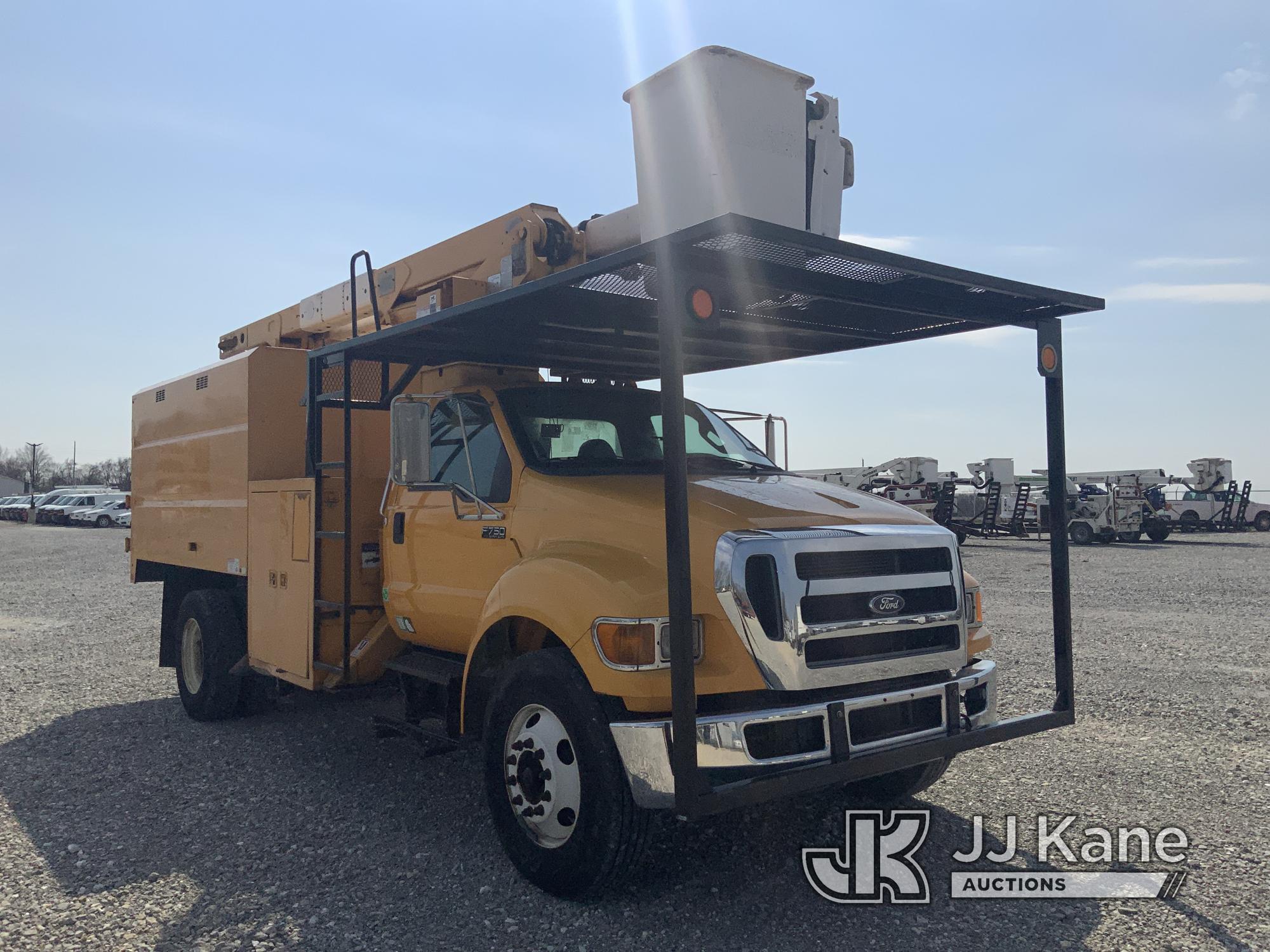 (Hawk Point, MO) HiRanger/Terex XT55, Over-Center Bucket Truck mounted behind cab on 2013 Ford F750
