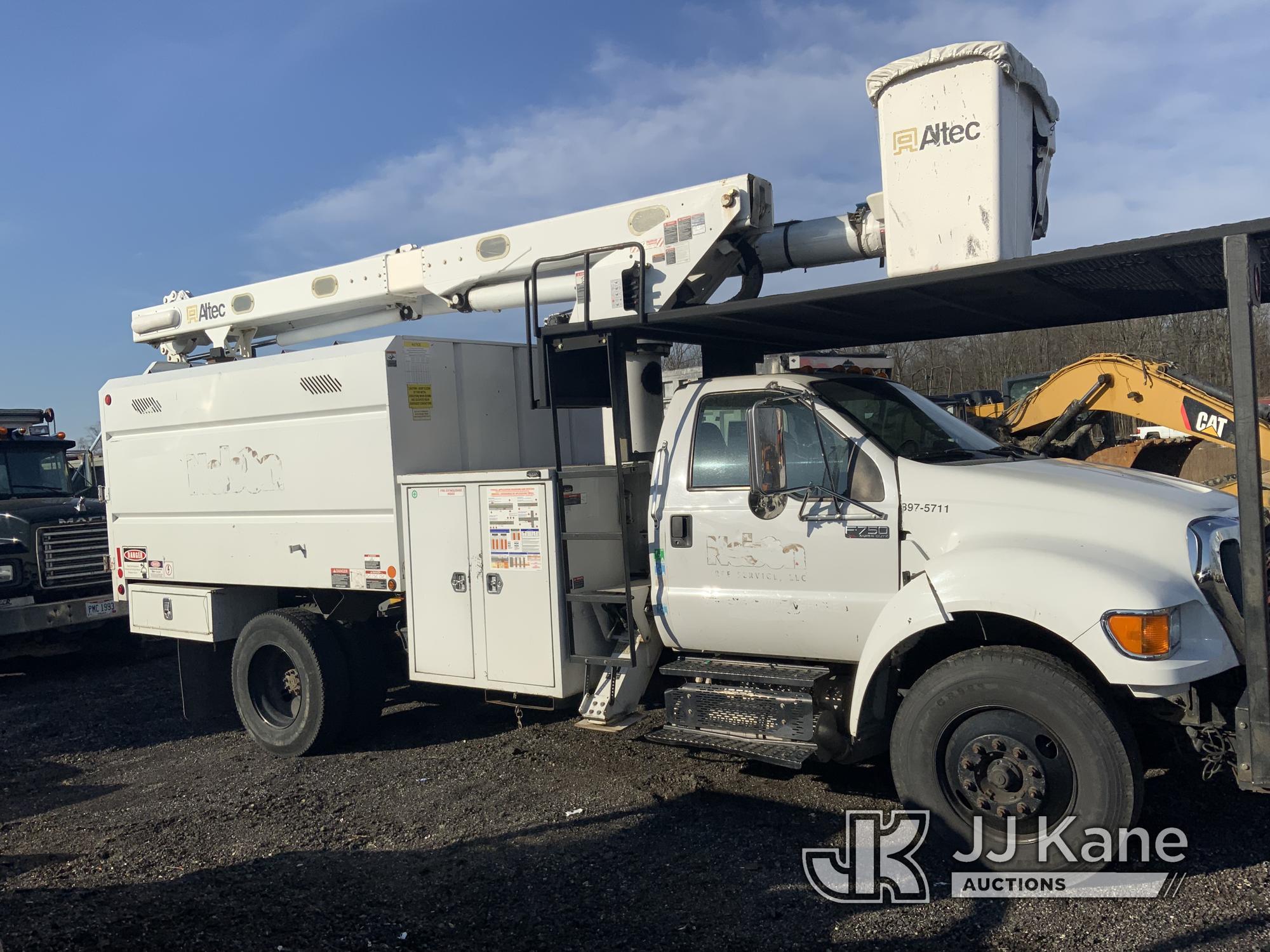 (Ashland, OH) Altec LR756, Over-Center Bucket Truck mounted behind cab on 2015 Ford F750 Chipper Dum