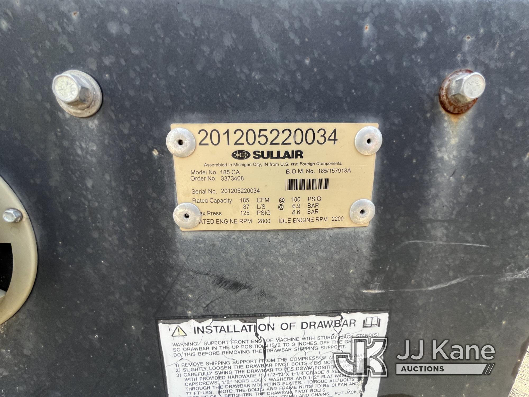 (Tampa, FL) 2012 Sullair 185DPQ-JD Air Compressor, trailer mtd. No Title) (Parts Only. Not Running,
