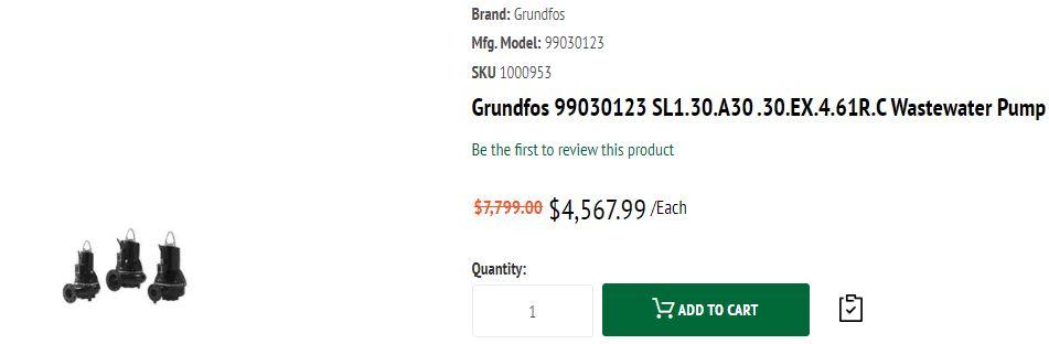 (1) GRUNDFOS  X SUBMERSIBLE SEWAGE  PUMP PN# SL1.30.A30.EX.4.61R.C / 99030123;  2.2 KW/ 3.0 HP; 3X 2