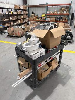 RUBBERMAID ROLLING CART WITH ASSORTED ELECTRICAL PARTS