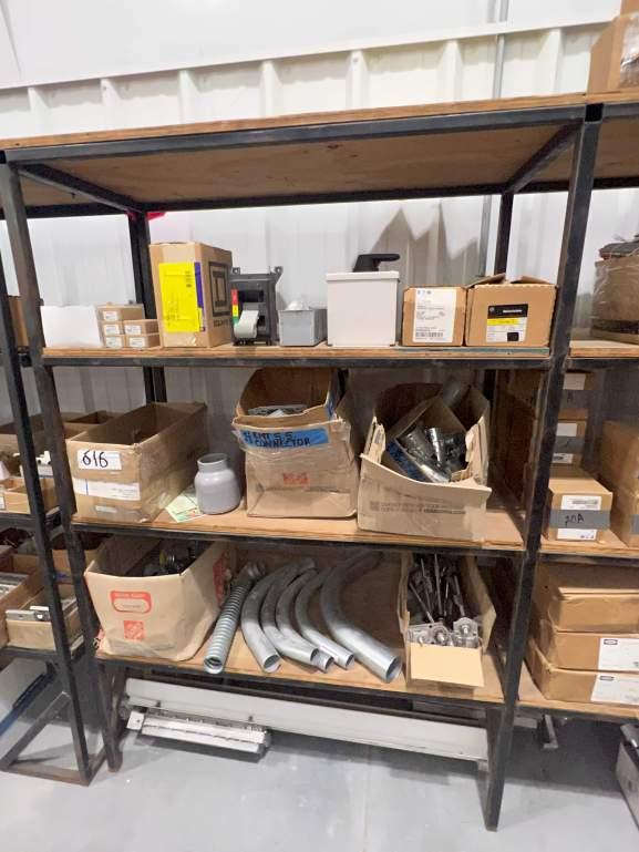 METAL SHELF INCLUDING 30 AMP SAFETY SWITCHES; LIGHTING SENSORS; ELECTRICAL BOXES; TRANSFER SWITCHES;