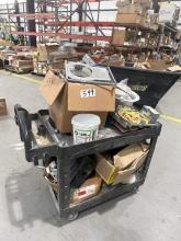 RUBBERMAID ROLLING CART WITH ASSORTED ELECTRICAL PARTS