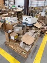 PALLET OF ASSORTED ELECTRICAL PARTS; CIRCUIT BREAKERS; ENCLOSURES; AND MOUNTING HARDWARE