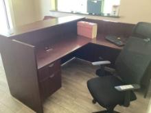 WOOD RECEPTION DESK; ROLLING CHAIR; TWO ARM CHAIRS