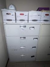 (4) METAL 4-DRAWER LATERAL FILE CABINETS; BOOKSHELF; (4) ROLLING CHAIRS; AND (4) 3-DRAWER METAL FLAT
