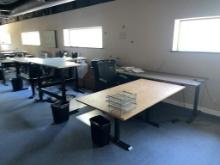 (2) ADJUSTABLE HEIGHT MODULAR DESKS; (5) ADJUSTABLE HEIGHT TABLES & (3) ROLLING CHAIRS