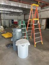 (4) RUBBERMAID TRASH CANS & (2) MISCELLANEOUS LADDERS