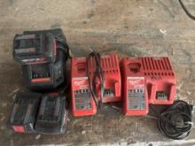 MISCELLANEOUS MILWAUKEE AND BOSCH BATTERY CHARGERS AND BATTERIES