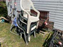 WOODEN CHAIR, PORCH SWING, ASSORTED PATIO CHAIRS