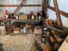 CONTENTS OF CORNER, 3 STEEL BENCHES, CASTERS, OIL CAN, ASSORTED HARDWARE