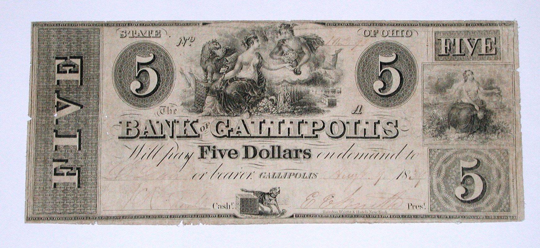 1834 $5 BANK of GALLIPOLIS, OHIO NOTE