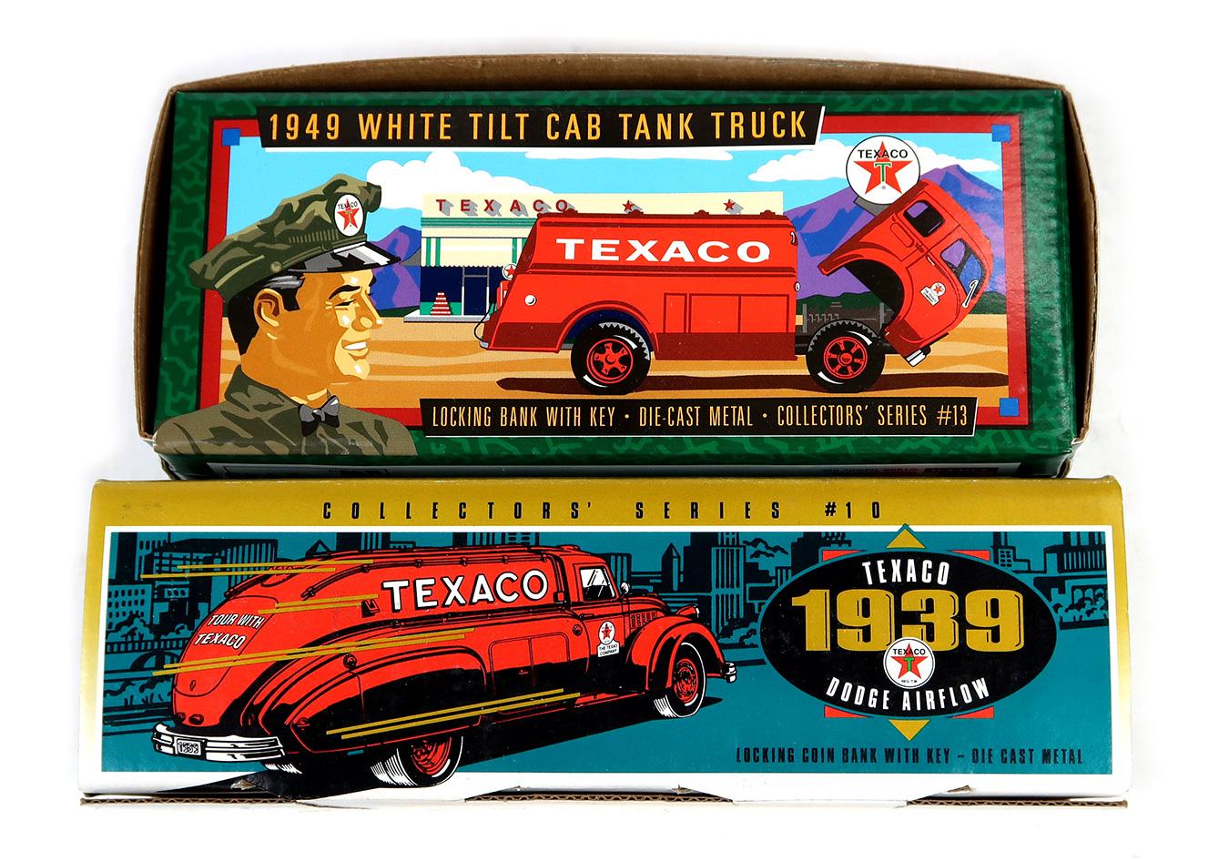 Texaco Tank Truck Banks (2), die-cast 1939 & 1949 by Ertl, MIB, 8.5"L.