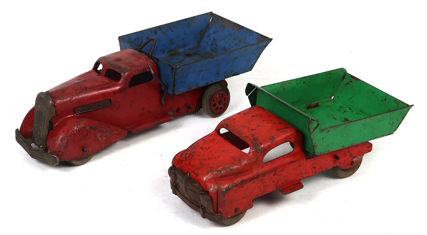 Ford Dump Trucks (2), Red & Green windup, 1930s, made by Marx, Pressed Stee