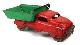 Ford Dump Trucks (2), Red & Green windup, 1930s, made by Marx, Pressed Stee
