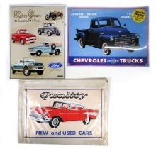 Garage Signs (3), Tin Litho, Chevy & Ford trucks & an embossed "Quality N