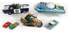 Toy Cars & Motorcycle (6), tin litho incl batt op Universe Car (missing rea