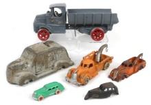 Toy Cast Metal Toy Trucks (6), reproduction Mack & wrecker, white metal ban