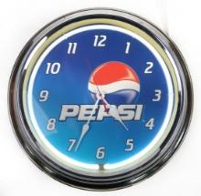 Pepsi Neon Clock, white neon w/quartz battery mechanism, VG working cond, 1