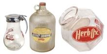 Soda Fountain Collectibles (3), enameled glass Johnston Cold Fudge jug, Her