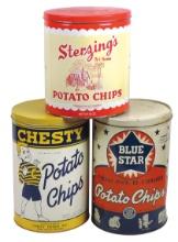 Country Store Potato Chip Tins (3), Blue Star, Chesty & Sterzings, all colo