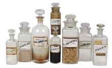 Apothecary Bottles & Jars (8), assorted round & square blown glass, all w/L