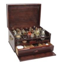 Apothecary Traveling Medicine Chest, 19th C., mahogany fitted w/27 bottles