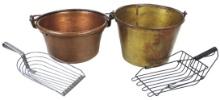 Primitive Items (4), heavy copper fire kettle w/wrought iron handle, brass