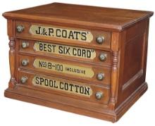 Spool Cabinet, J. & P. Coats' Best Six Cord, narrow 4-drawer ash w/embossed