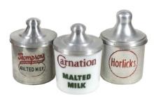 Soda Fountain Countertop Containers (3), Carnation Malted Milk, milk glass