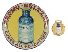 Advertising Watch Fob & Tip Tray, Bromo-Seltzer Cures All Headaches, brass