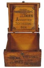 Hardware Store Pikes Whetstones Box, early pine box w/slanted hinged cover