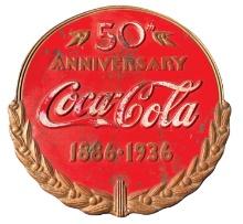 Coca-Cola 50th Anniversary Sign, 1886-1936, embossed metal, c.1936, VG+ con