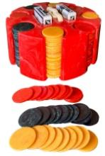 Gambling Chips in Case, Catalin poker chips in red Catalin holder, approx 2