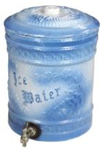 Stoneware Ice Water Cooler, embossed blue/gray w/chain link bands, VG cond