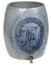 Stoneware Water Cooler, blue/gray embossed w/Rebecca at the Well scene by R