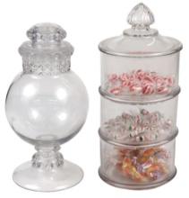 Candy Store Show Jars (2), Dakota urn & 3-section stacking w/swirl finial c