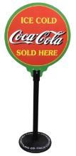 Coca-Cola Curb Sign, two-sided painted wood lollipop style on weighted pede