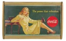 Coca-Cola Framed Sign, litho on cdbd "The Pause That Refreshes", printed by