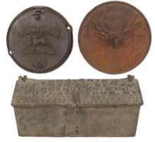 Farming Collectibles (3), cast iron Cayuga Chief Jr. tool box, John Deere M
