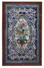 Stained Glass Panel, floral urn in variegated & opalescent glass tiles in c
