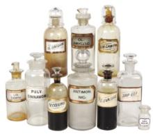 Apothecary Bottles & Jars (10), all w/LUG, 4 w/molded spouts, several w/ori