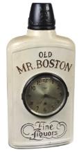 Breweriana Old Mr. Boston Clock, diecast metal flask shaped w/key wind Gilbert