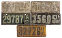 License Plates (5), all Iowa singles for 1911-1915, embossed metal, Good to