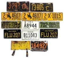 License Plates (13), Cal '23, '25 & '26, Ill '31, three '39 WY incl pair &